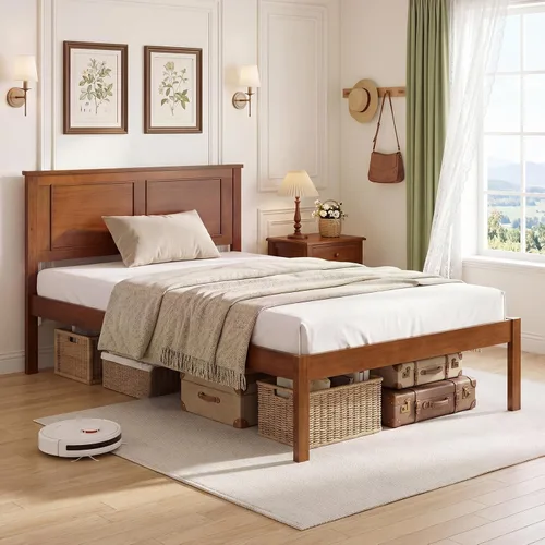 Vista 3 de GIANTEX Marco de cama de madera individual con cabecero, plataforma moderna de mediados de siglo con soporte de listones de madera, base de colchón