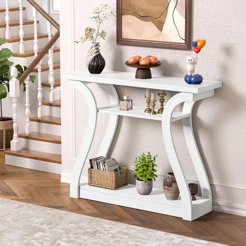 Vista 9 de Mesa consola de madera con patas curvadas y estante, mesa de sofá moderna de 3 niveles para zona de entrada, sala de estar, pasillo, 47 pulgadas