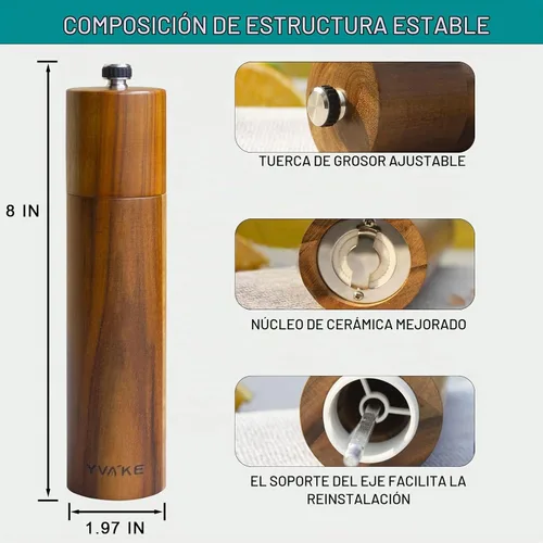 Vista 2 de Molinillo manual de madera para sal y pimienta de 8 pulgadas, molinillo recargable Acacia wood. Ceramic grinding core. Adjustable coarse to fine.
