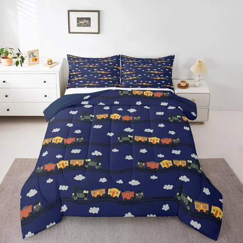 Vista 11 de Erosebridal Juego de edredón de tren de locomotora para niños, tamaño individual, lindo juego de ropa de cama con motor de vapor para niños y niñas