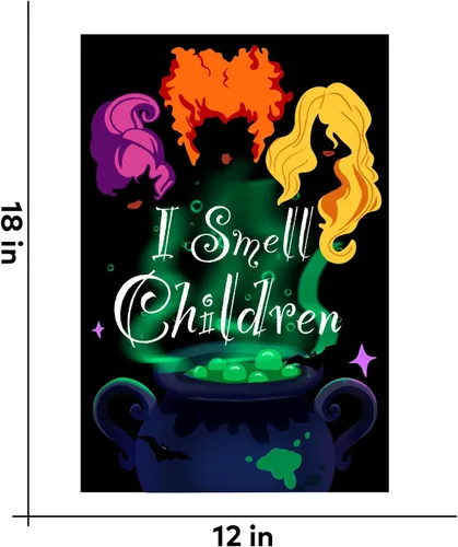 Vista 7 de Bandera de jardín de Halloween, bandera de jardín con texto en inglés "I Smell Children", bandera de bruja Hocus Pocus para exteriores, bandera