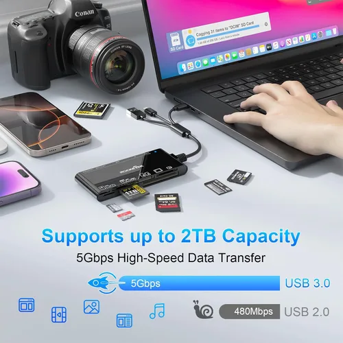 Vista 3 de Lector de tarjetas de memoria múltiple 10 en 1 - USB C iluminación USB3.0 lector de tarjetas múltiples para SD TF CF XD MS, adaptador de lector