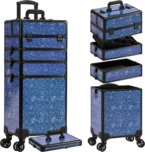 Vista 12 de AROUS Estuche de Maquillaje Rodante 5 en 1, Estuche de Cosmetología con Ruedas, Organizador de Cosméticos Grande, Carro de Viaje para Peluquero