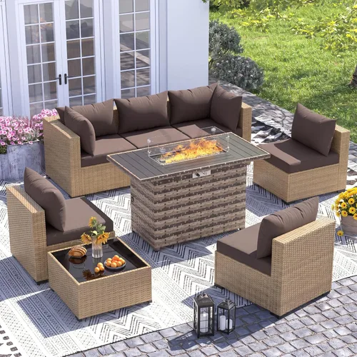 Vista 17 de UDPATIO Muebles de exterior 7 piezas de mimbre para patio, cojín Beige
