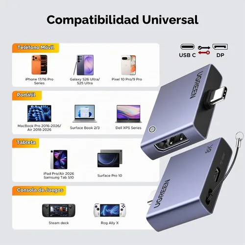 Vista 7 de UGREEN Adaptador USB C a DisplayPort 1.4 8K @60Hz con PD 100W carga rápida