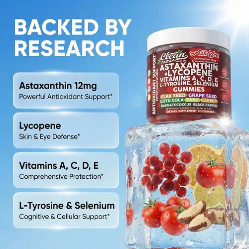 Vista 3 de Clean Nutraceuticals AstaZen - Gomitas de astaxantina de 12 mg - con licopeno, vitaminas A C D E, L-tirosina y selenio - Gomitas de apoyo