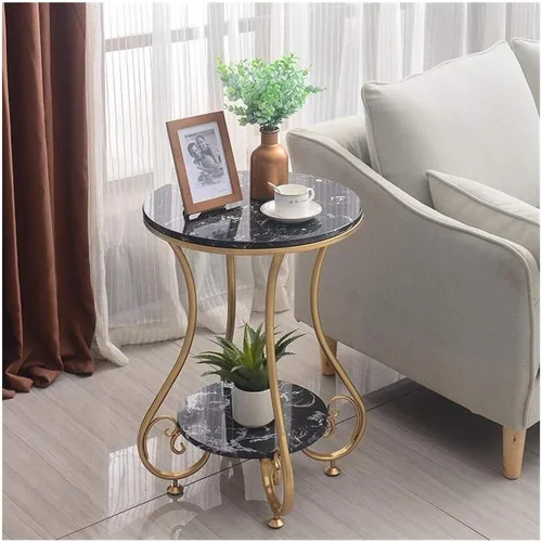 Vista 3 de Mesa de centro redonda de mármol con dos capas para sala de estar, mesa de café, mesa de centro Beistelltisch Mesa auxiliar (Color blanco)