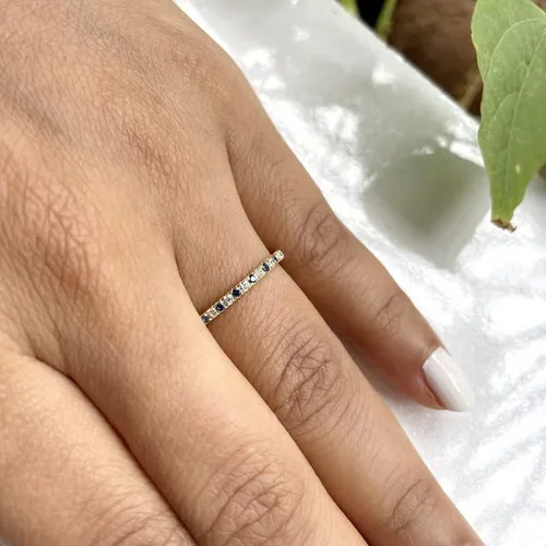 Vista 6 de Blue Sapphire & White Diamond Half Eternity Wedding Band For Women, 14k Gold Finish Sapphire Wedding Band, Ladies Alternate Diamond Ring