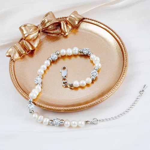 Vista 3 de Rosedate Pulsera de perlas naturales con incrustaciones de diamantes, pulsera de flores doradas, elegante y exquisita para mujeres y niñas, regalo