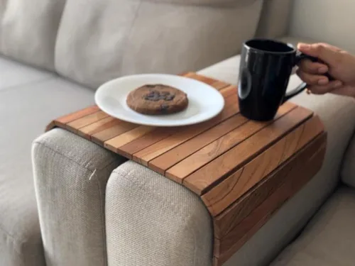 Vista 9 de Vesta Homes Bandeja para reposabrazos de sofá, madera de acacia premium, bandeja de sofá flexible y plegable, mesa de brazo y reposabrazos, adecuada