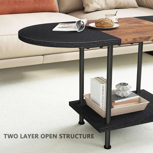 Vista 6 de Mesas de café, mesa central moderna con estante de almacenamiento, mesa de 2 niveles para sala de estar, diseño moderno de dos tonos (negro mezclado)