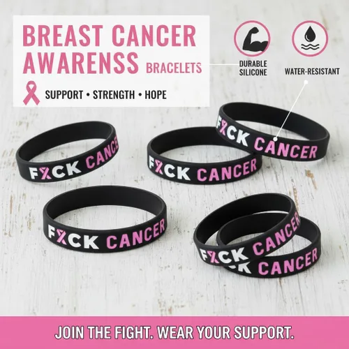 Vista 3 de Fuck Cancer Pulseras con cinta rosa para concienciar sobre el cáncer de mama (paquete de 6) – Paquete a granel de 6 pulseras de cáncer Fck
