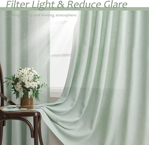 Vista 6 de Aersas Aqua Green Linen Curtains 84 Inches Long 2 Panels Set Back Tab Rod Pocket Living Room Curtain Farmhouse Rustic Light Filtering Hook Drapes