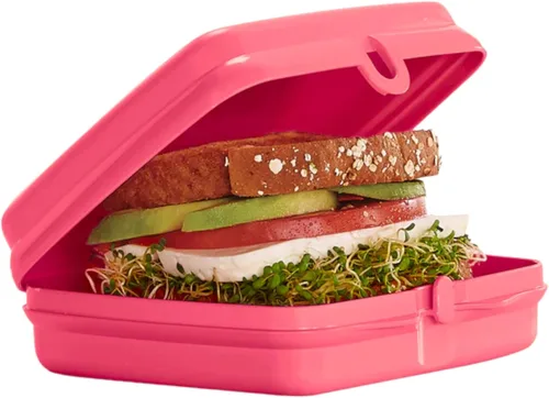 Vista 2 de Tupperware Sandwich Keeper Caja cuadrada con bisagras y cierre rosa