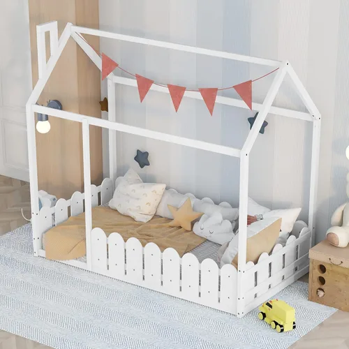 Vista 4 de Harper & Bright Designs Marco de cama individual para niños, cama Montessori de madera individual con barandillas en forma de valla, marcos de cama