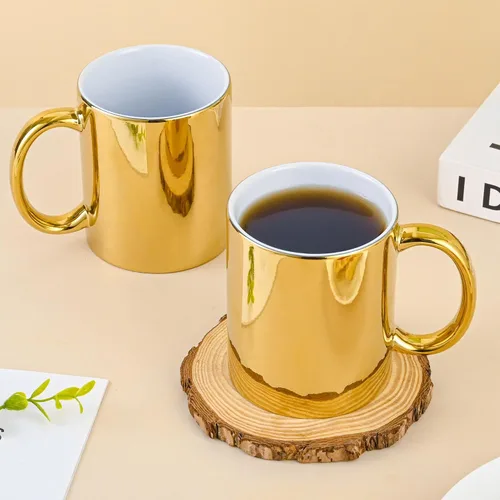 Vista 5 de BYCNZB Juego de 4 tazas de café de cerámica doradas para café, té, cacao (12 onzas)