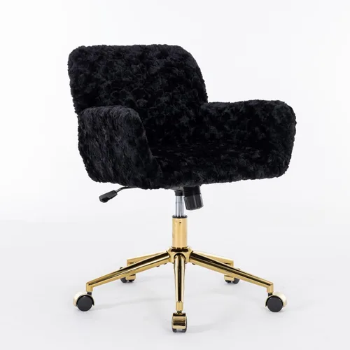 Vista 9 de HomVent Bonita silla de oficina peluda, moderna silla de piel sintética negra con ruedas y base dorada, silla giratoria ergonómica ajustable
