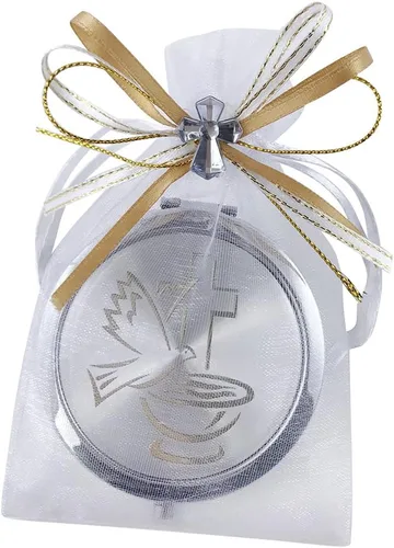 Vista 3 de WE 12 piezas de bautismo compacto espejo recuerdo de primera comunión/bautizo recuerdos/maquillaje de espíritu santo compacto con bolsa decorada