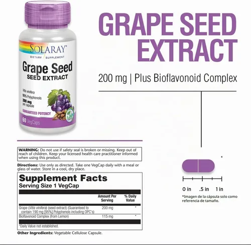 Vista 2 de SOLARAY Extracto de semilla de uva 200 mg más complejo bioflavonoide Apoyo cardiovascular saludable y de vasos sanguíneos 60 VegCaps