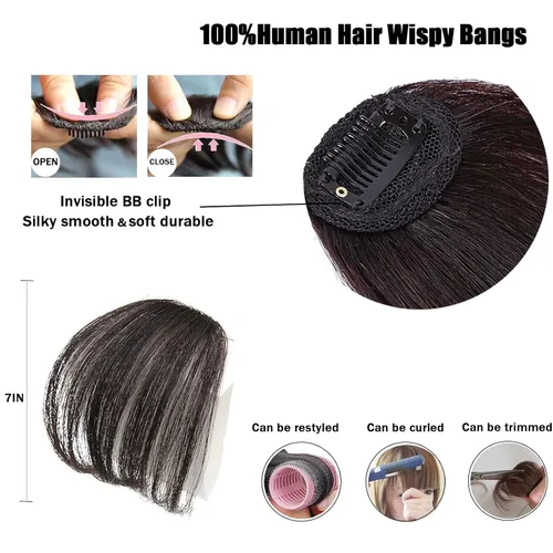 Vista 2 de Flequillo 100% humano, extensiones de cabello francés, flequillo curvado para mujer (flequillo de sienes largas de 7 pulgadas, negro natural)