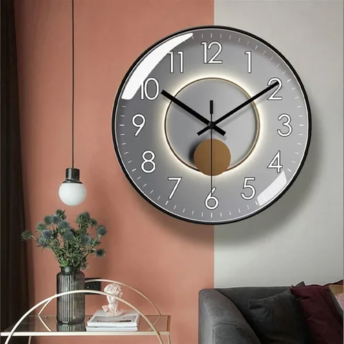 Vista 3 de HASMI Reloj para sala de estar, reloj de cuarzo, luz de moda, reloj de pared silencioso de lujo, reloj digital circular simple de 9.8 in/11.8
