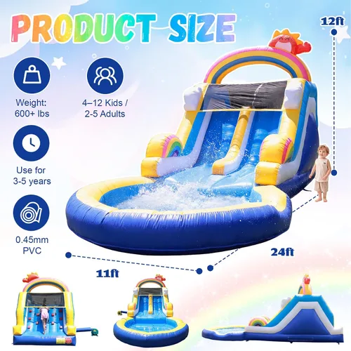 Vista 4 de Tobogán acuático inflable de grado comercial de 24 pies (L) para adultos y niños (toboganes dobles), toboganes acuáticos de PVC resistente