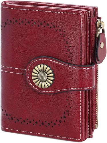 Vista 15 de SENDEFN - Billetera pequeña para mujer de cuero con doble solapa, portatarjetas con bloqueo RFID, bolsillo con cremallera para monedas 1-cera-rosa