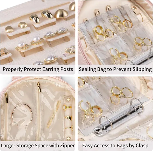 Vista 4 de Vlando Estuche organizador de viaje para joyas, carpeta de anillos con bolsas de joyería, folleto transparente con cremallera para collares, aretes