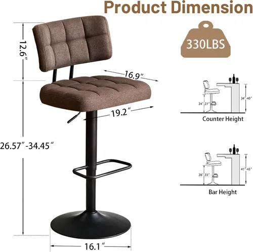 Vista 3 de Juego de 2 taburetes de bar giratorios de altura ajustable, taburetes de barra de tela de lino sin brazos con reposapiés para cocina, hogar, bar