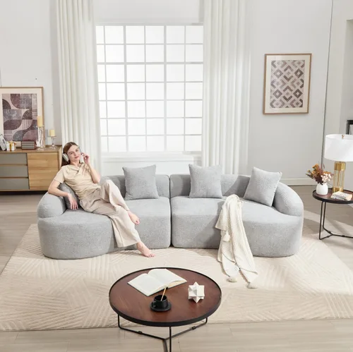 Vista 10 de Sofá modular curvado de 98.8 pulgadas con diván, sofá en forma de L, sofá deshuesado en forma de L para sala de estar, tela de felpilla de grano