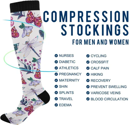 Vista 4 de KOPIRIT Calcetines de compresión bordados de flores de peonía para mujeres y hombres, calcetines largos ligeros de compresión suaves para correr