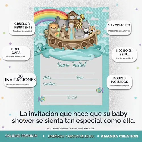 Vista 2 de Amanda Creation Noahs Ark - Invitaciones para baby shower, paquete de 20 invitaciones de cumpleaños de 5 x 7 pulgadas con sobres blancos, tarjetas