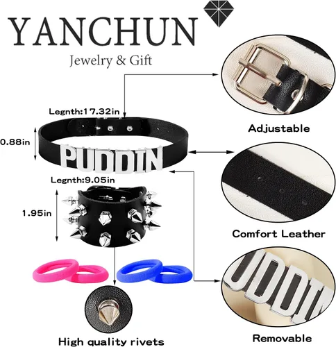 Vista 4 de YANCHUN Gargantilla Puddin para mujer, pulsera de cuero con pinchos, accesorios de disfraz de Halloween