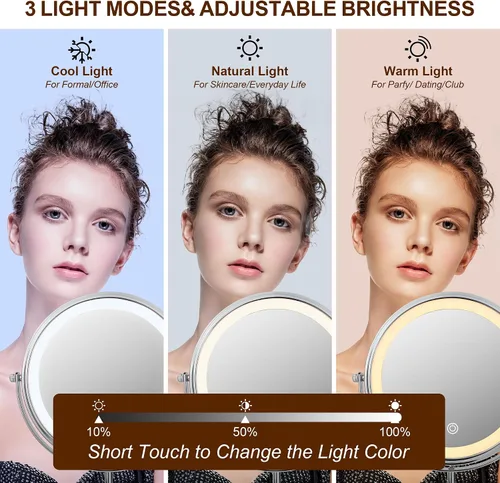 Vista 2 de JANEEVA Espejo de maquillaje iluminado 10X con 3 modos de iluminación, luces regulables de 8 pulgadas, espejo de tocador ajustable en altura