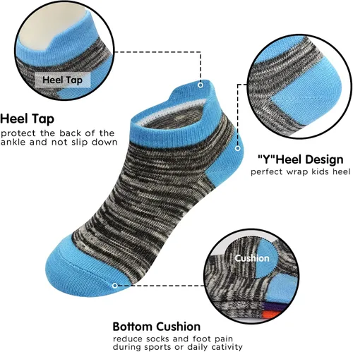 Vista 5 de ZERULETS Calcetines deportivos para niños y niñas, calcetines tobilleros a rayas, medio cojín, no visibles, de corte bajo, 12 pares de 1 a 14 años