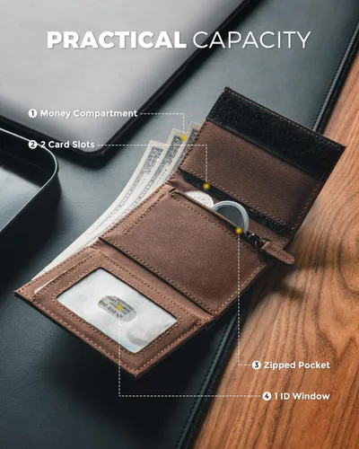 Vista 9 de VULKIT Cartera de cuero minimalista con bloqueo Rfid triple billetera delgada para tarjetas de crédito con 3 ventanas de identificación y bolsillo