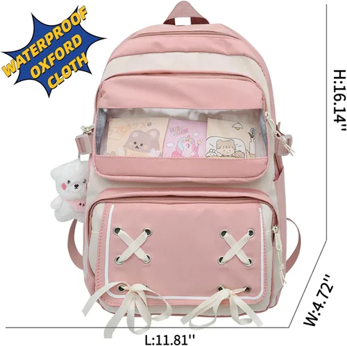 Vista 7 de Mochila Kawaii con bonitos accesorios para portátil de 15.6 pulgadas, mochila de viaje casual, bolsa estética para regalo de nuevo semestre, 01-rosa
