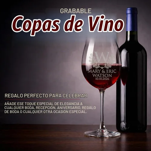 Vista 2 de Juego de 2 copas de vino personalizadas con monograma, 20 onzas (diseño 5, copa de vino)