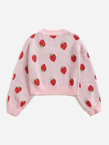 Vista 2 de MakeMeChic Girl's Strawberry Print Long Sleeve V Neck Ribbed Knit Pullover Sweater