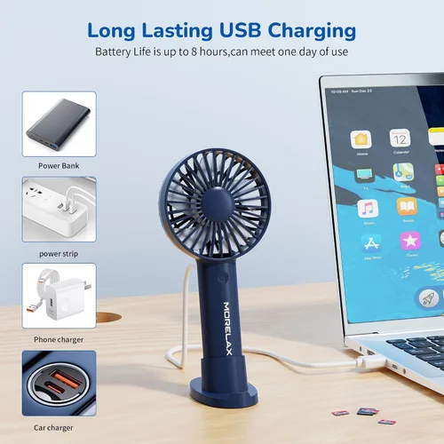 Vista 4 de Jancane Ventilador de mano, mini ventilador portátil recargable por USB con base, batería de 10 horas, viento fuerte, pequeño y potente, bonito Azul
