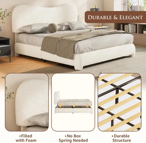 Vista 7 de Kelway - Base de cama tamaño Queen Boucle tapizada con cabecera curvada ajustable, no necesita somier, color beige