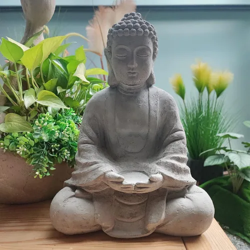 Vista 15 de Kante 25.6 "ligero sentado meditando Buda Zen interior al aire libre estatua gris hormigón Sentado de hormigón de 25.6 "h