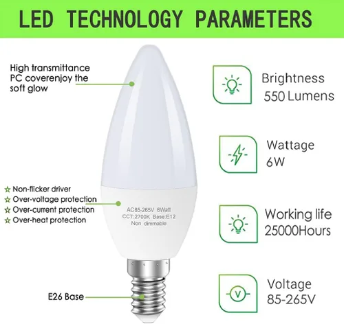 Vista 4 de GOSCHE Bombillas LED E12 para ventilador de techo, bombilla LED B11 de 6 W que reemplaza 60 vatios incandescente, 550 LM, 2700 K blanco cálido