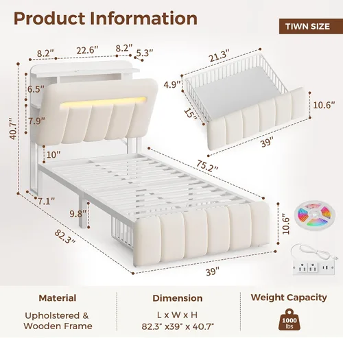 Vista 2 de Jocoevol Base de cama individual con cabecera de almacenamiento para niños, marco de cama tapizado blanco tamaño individual con cajones de Beige