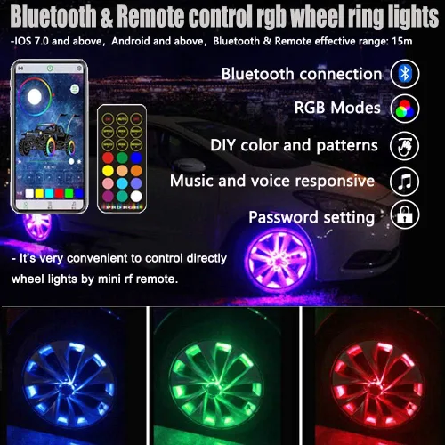 Vista 2 de Kit de 4 luces LED RGB de 14 pulgadas para anillo de rueda, control Bluetooth, señal de giro y función de frenado, se puede controlar por control