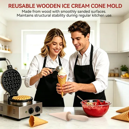 Vista 4 de Molde de cono de helado, molde de madera reutilizable para cuernos de crema de 9.1 pulgadas, rodillo de pizza para gofres para cocina, cocinar