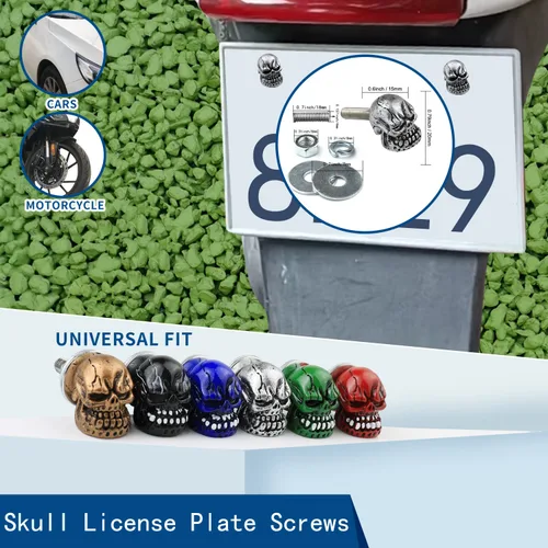 Vista 2 de Juego de 4 tornillos de calavera para placa de matrícula, decoración universal para automóvil, camión, motocicleta, marcos de matrícula, tornillos