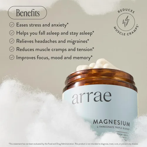 Vista 4 de Arrae Suplemento de magnesio, glicinato de magnesio, citrato y L-treonato, 250 mg, ayuda al estado de ánimo, sueño, nervios y músculos, 90 cápsulas