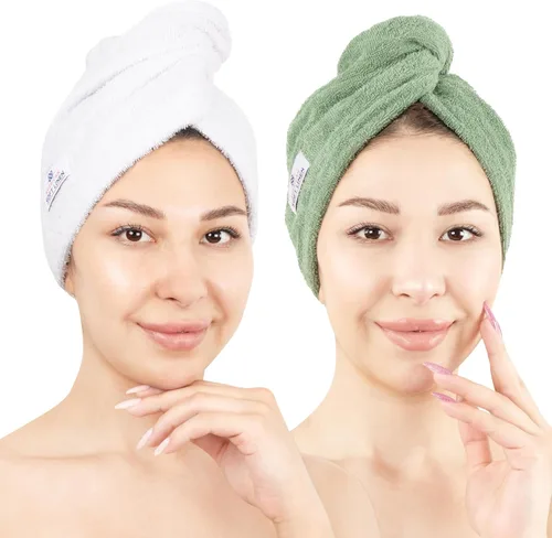 Vista 24 de American Soft Linen Toallas de pelo 100 % algodón para mujer, gorro de toalla de pelo, turbante de algodón para cabello largo y rizado Beige