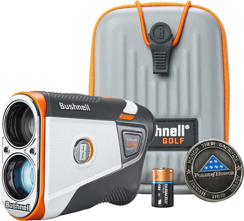 Vista 2 de Bushnell Tour V6 Golf Rangefinder Bundle – PinSeeker con Visual JOLT, BITE soporte magnético – Incluye toalla de microfibra PlayBetter y batería CR2